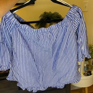 Off The Shoulder 3/4 Length Blue and White Stripe Sleeved Shirt